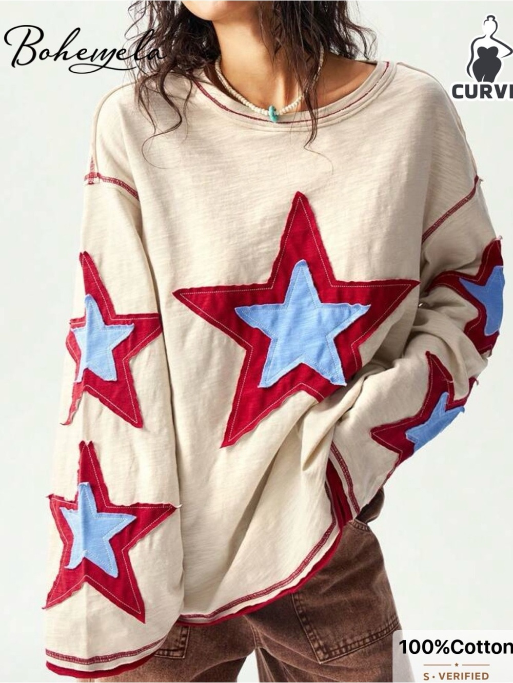 NWOT Bohemela Cream Sweatshirt with Red and Light Blue Star Appliqués, Size 12